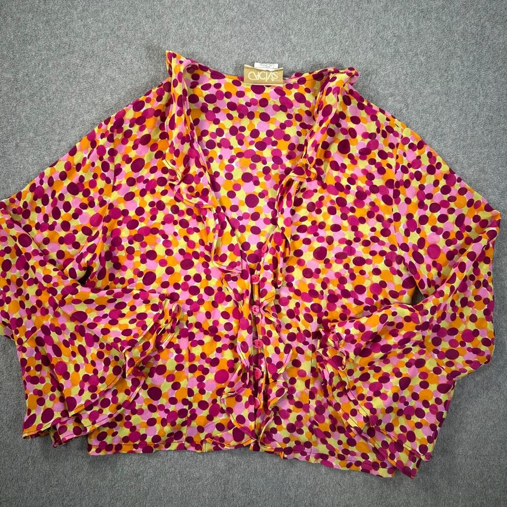 Cache Vintage Y2k Polka Dot Ruffle Blouse Women's 2 Long Bell Sleeve Pink Multi